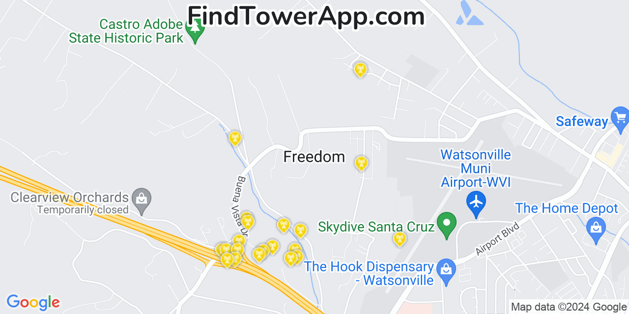AT&T 4G/5G cell tower coverage map Freedom, California