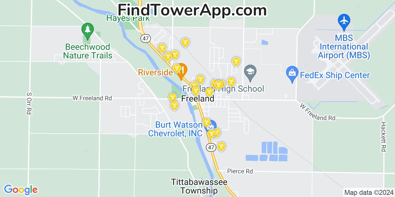 AT&T 4G/5G cell tower coverage map Freeland, Michigan
