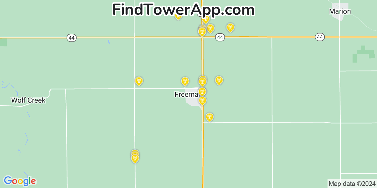 AT&T 4G/5G cell tower coverage map Freeman, South Dakota