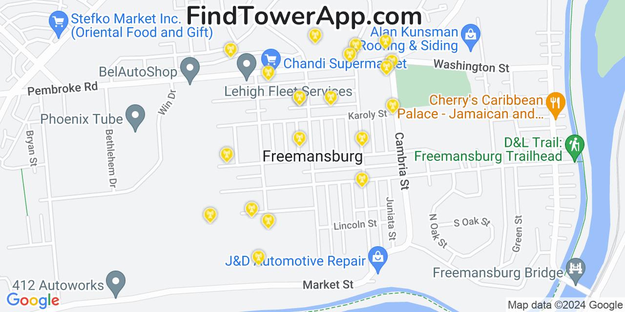 AT&T 4G/5G cell tower coverage map Freemansburg, Pennsylvania