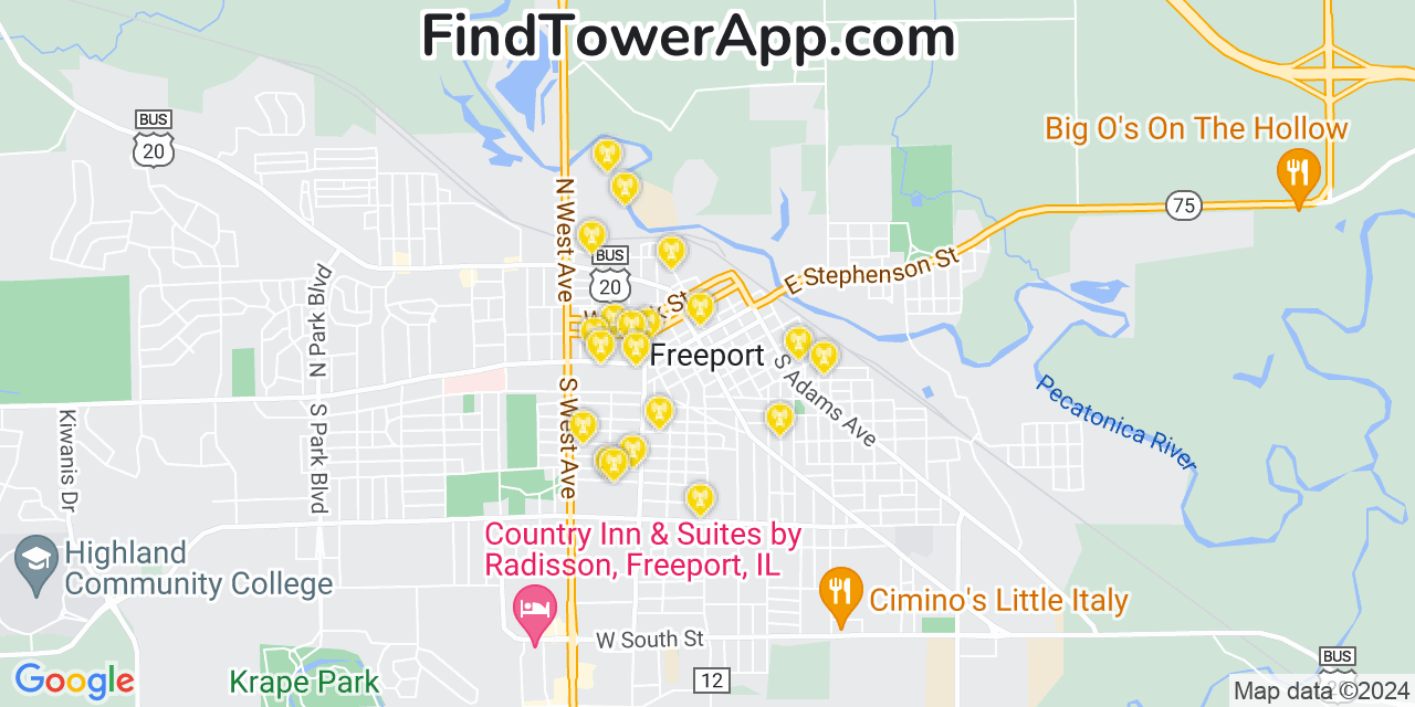 AT&T 4G/5G cell tower coverage map Freeport, Illinois