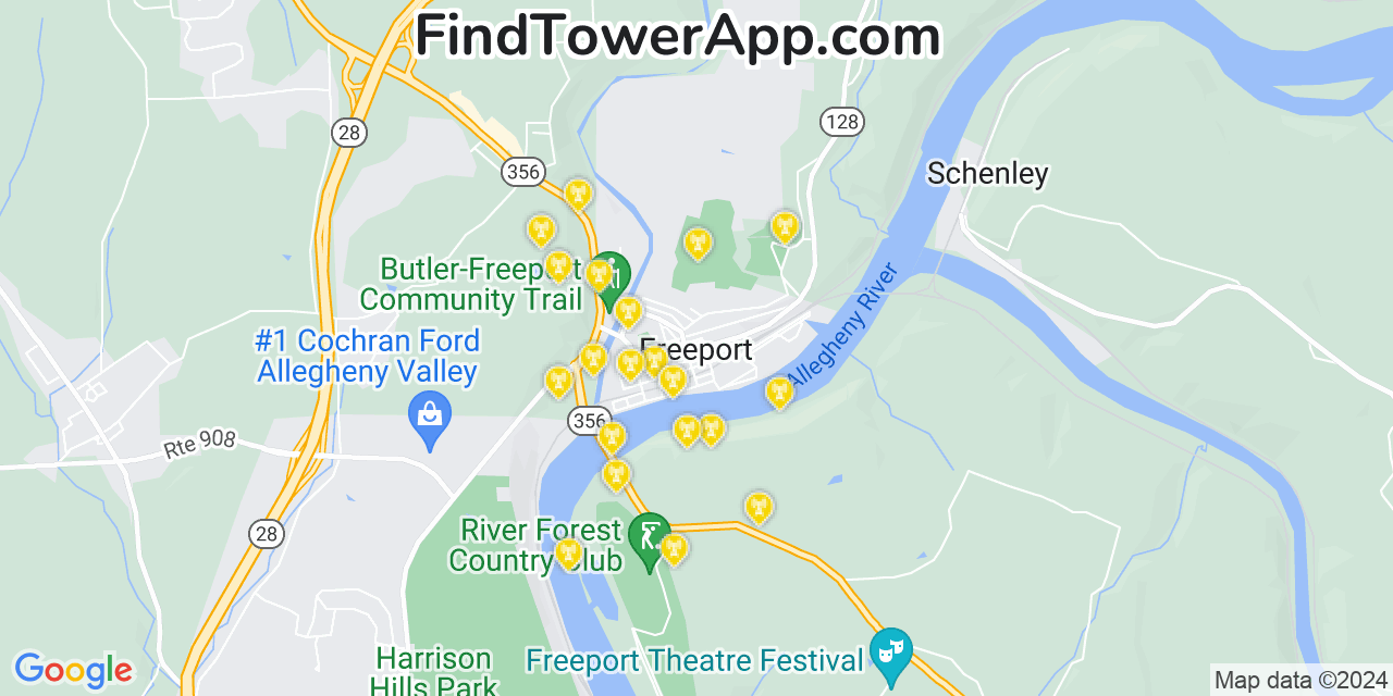 AT&T 4G/5G cell tower coverage map Freeport, Pennsylvania