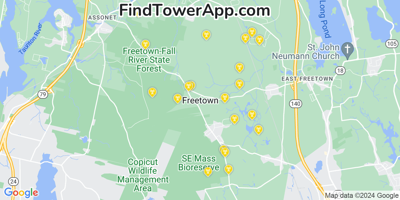 Verizon 4G/5G cell tower coverage map Freetown, Massachusetts