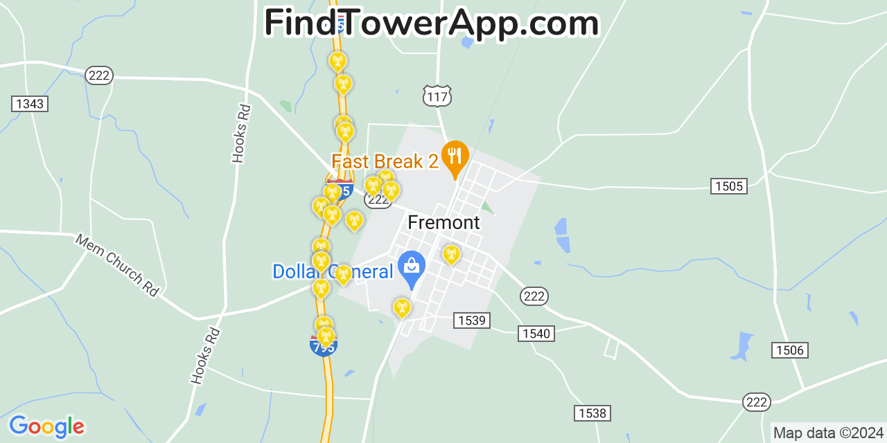 AT&T 4G/5G cell tower coverage map Fremont, North Carolina