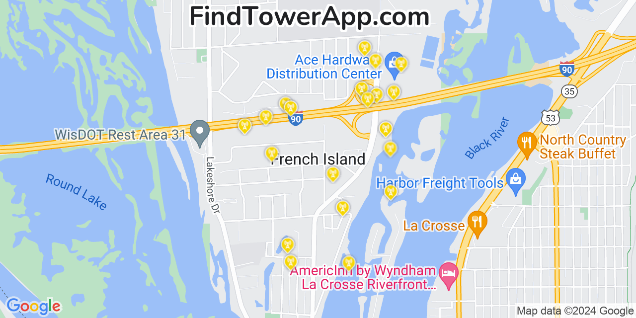 AT&T 4G/5G cell tower coverage map French Island, Wisconsin