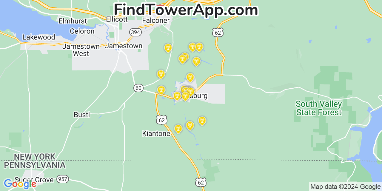 AT&T 4G/5G cell tower coverage map Frewsburg, New York