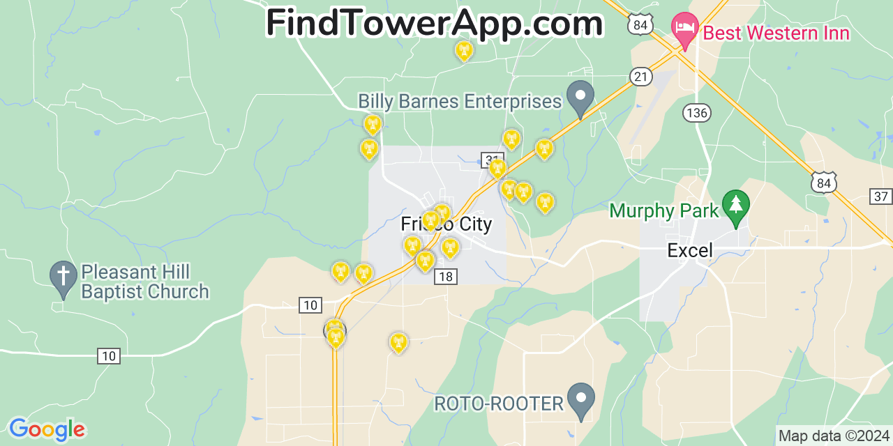 AT&T 4G/5G cell tower coverage map Frisco City, Alabama