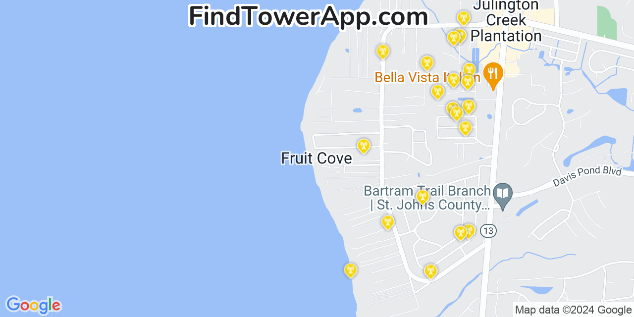 AT&T 4G/5G cell tower coverage map Fruit Cove, Florida