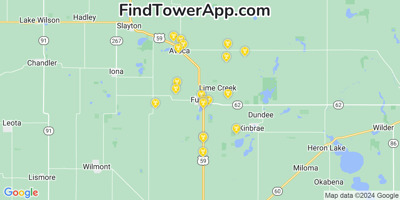 AT&T 4G/5G cell tower coverage map Fulda, Minnesota