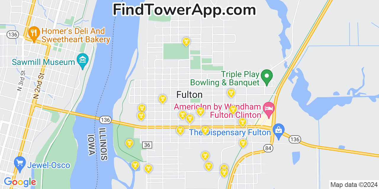 AT&T 4G/5G cell tower coverage map Fulton, Illinois