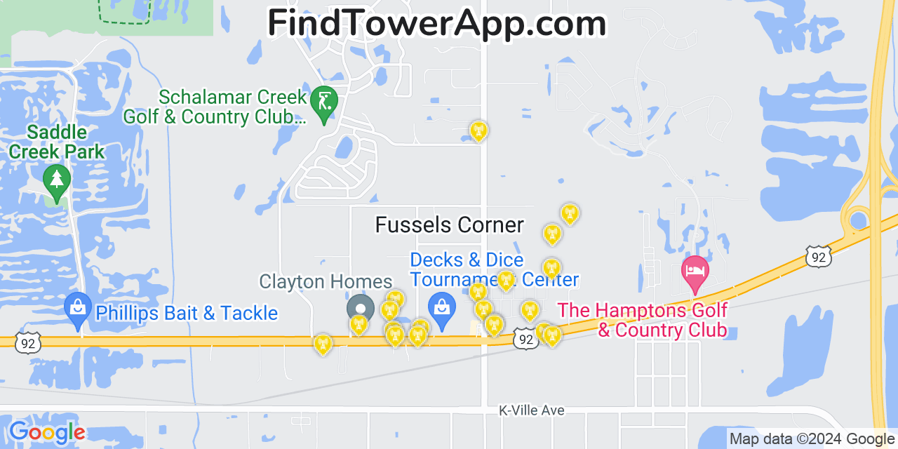 AT&T 4G/5G cell tower coverage map Fussels Corner, Florida