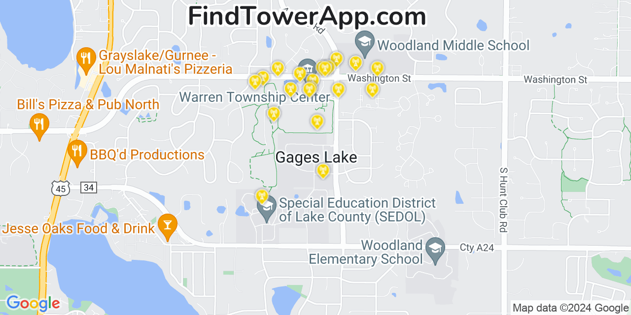 AT&T 4G/5G cell tower coverage map Gages Lake, Illinois