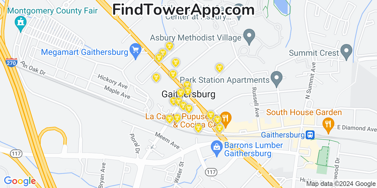 AT&T 4G/5G cell tower coverage map Gaithersburg, Maryland