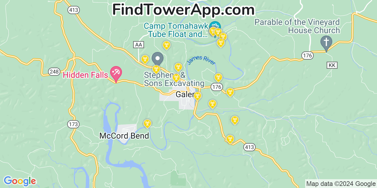 AT&T 4G/5G cell tower coverage map Galena, Missouri