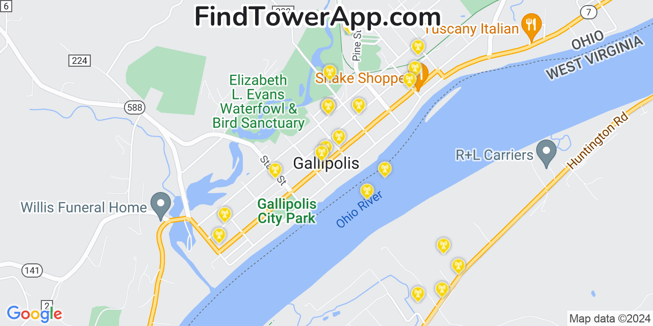 AT&T 4G/5G cell tower coverage map Gallipolis, Ohio