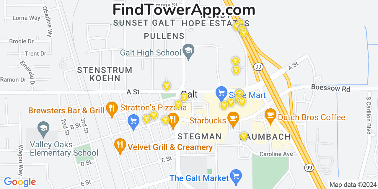 AT&T 4G/5G cell tower coverage map Galt, California