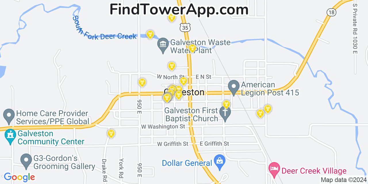 AT&T 4G/5G cell tower coverage map Galveston, Indiana