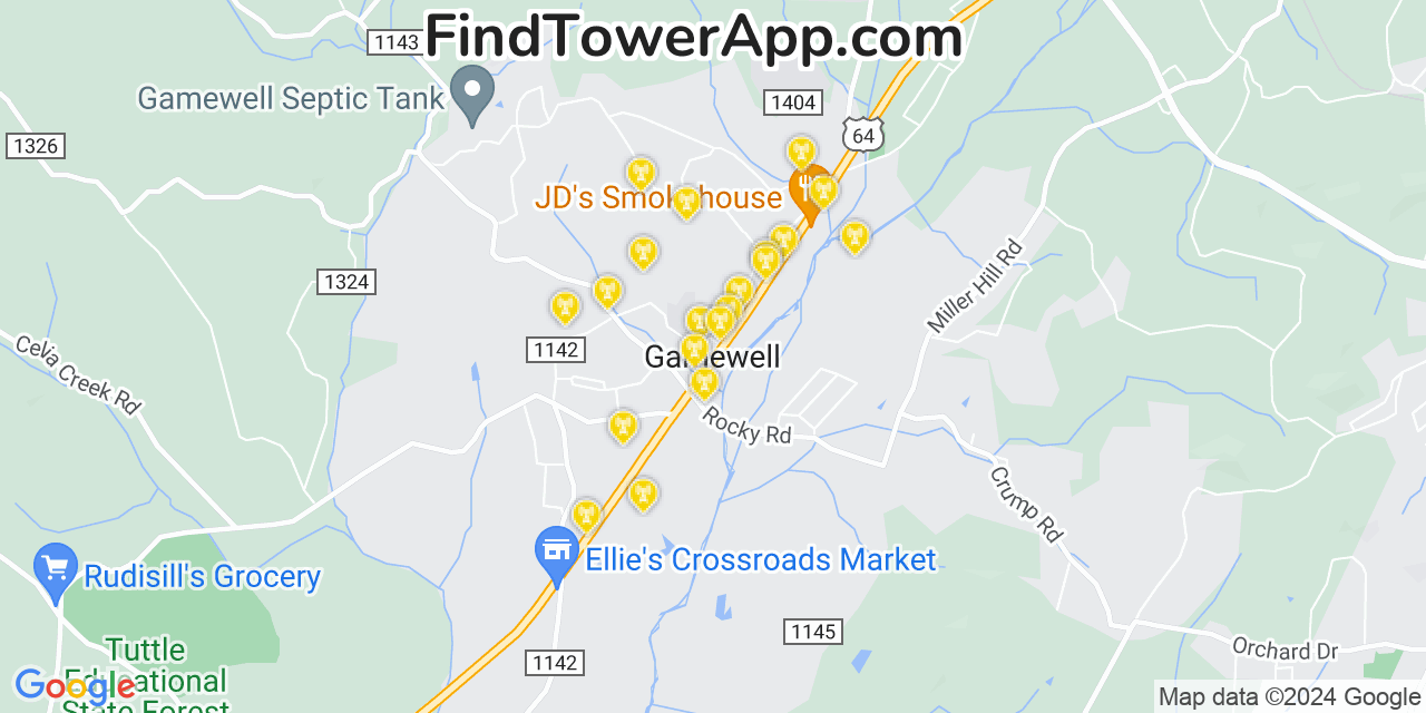 AT&T 4G/5G cell tower coverage map Gamewell, North Carolina