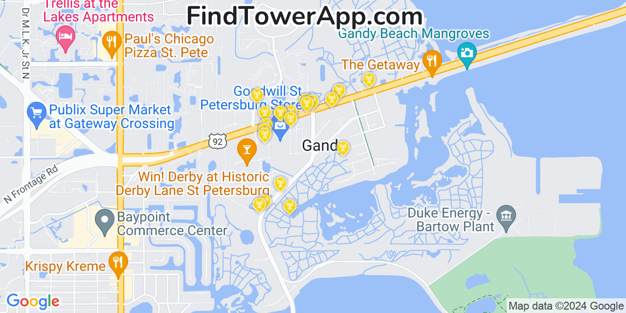 Verizon 4G/5G cell tower coverage map Gandy, Florida