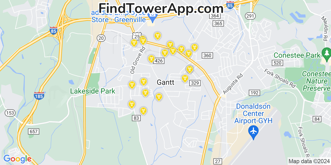 AT&T 4G/5G cell tower coverage map Gantt, South Carolina