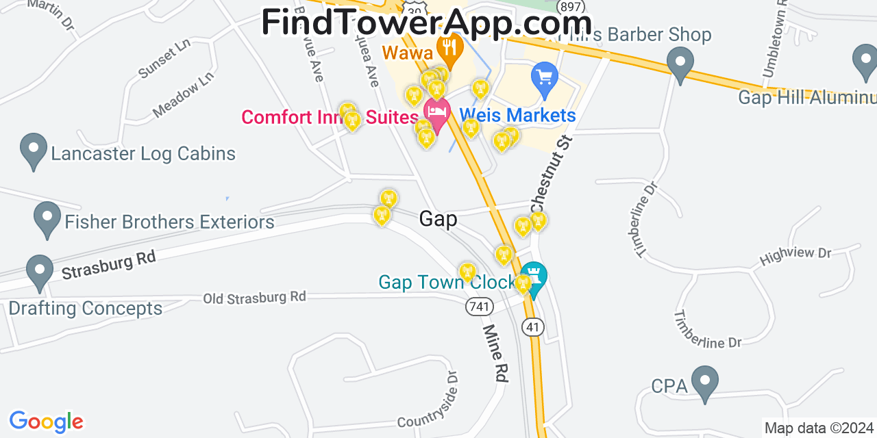 Verizon 4G/5G cell tower coverage map Gap, Pennsylvania