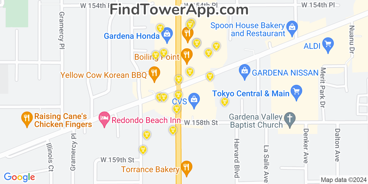 AT&T 4G/5G cell tower coverage map Gardena, California