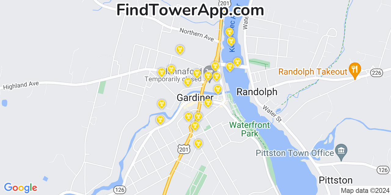 AT&T 4G/5G cell tower coverage map Gardiner, Maine