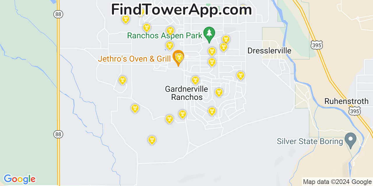 AT&T 4G/5G cell tower coverage map Gardnerville Ranchos, Nevada