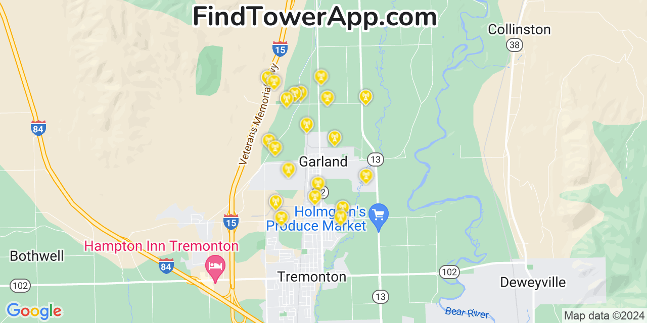AT&T 4G/5G cell tower coverage map Garland, Utah