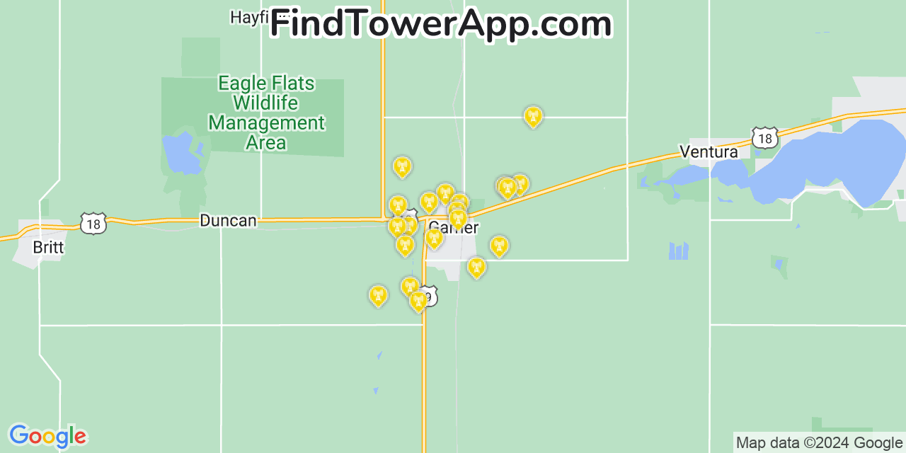 AT&T 4G/5G cell tower coverage map Garner, Iowa