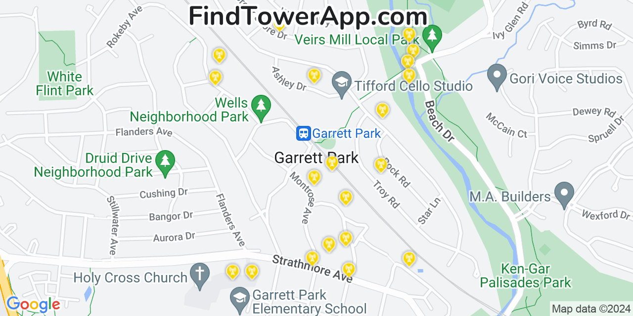 AT&T 4G/5G cell tower coverage map Garrett Park, Maryland