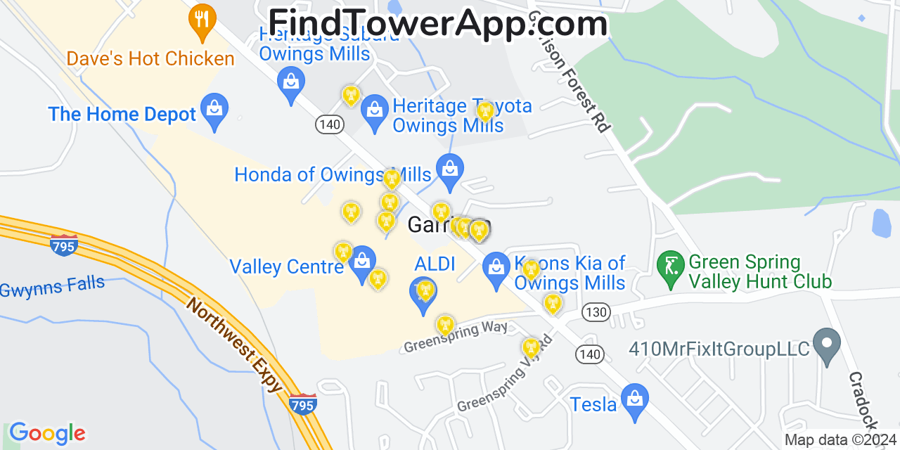 AT&T 4G/5G cell tower coverage map Garrison, Maryland