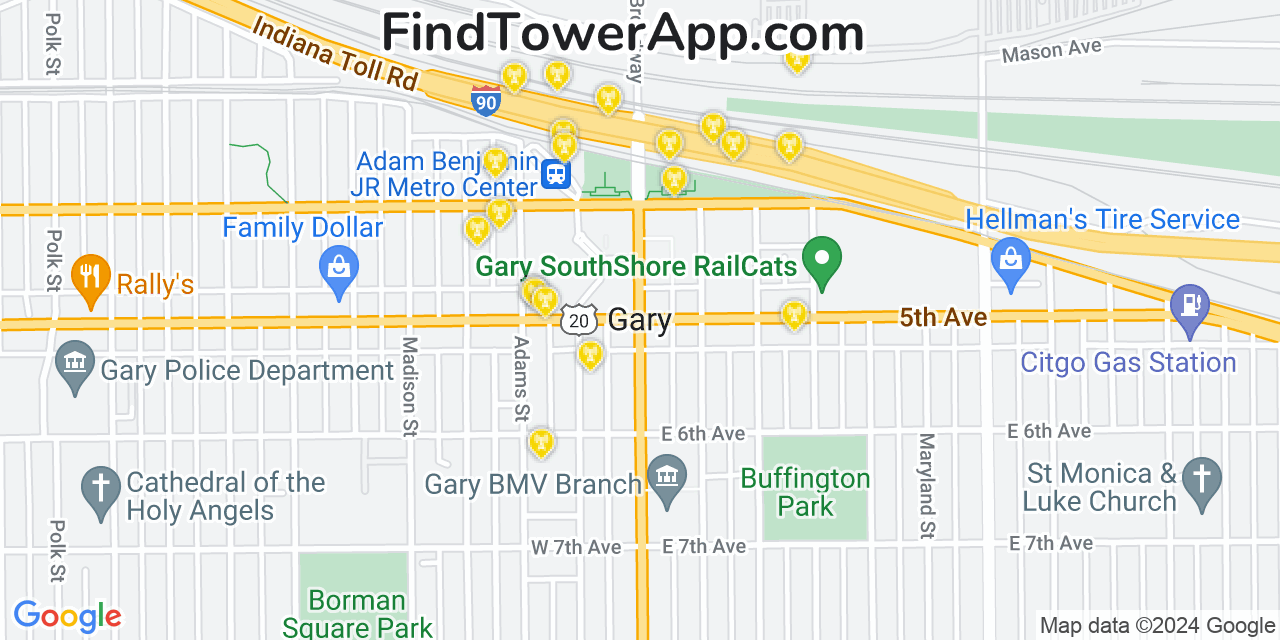 AT&T 4G/5G cell tower coverage map Gary, Indiana
