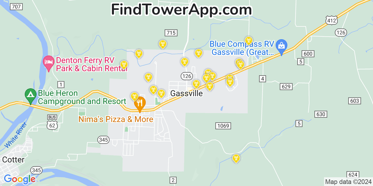 AT&T 4G/5G cell tower coverage map Gassville, Arkansas