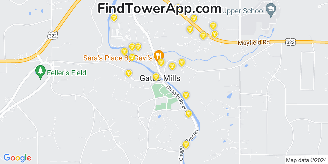 AT&T 4G/5G cell tower coverage map Gates Mills, Ohio