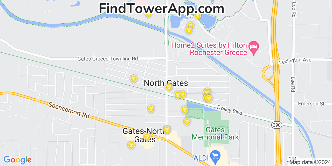 AT&T 4G/5G cell tower coverage map Gates North Gates, New York