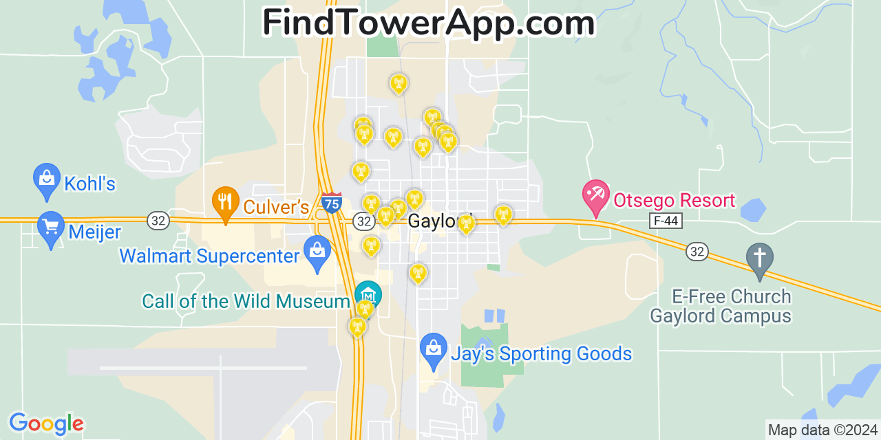 AT&T 4G/5G cell tower coverage map Gaylord, Michigan