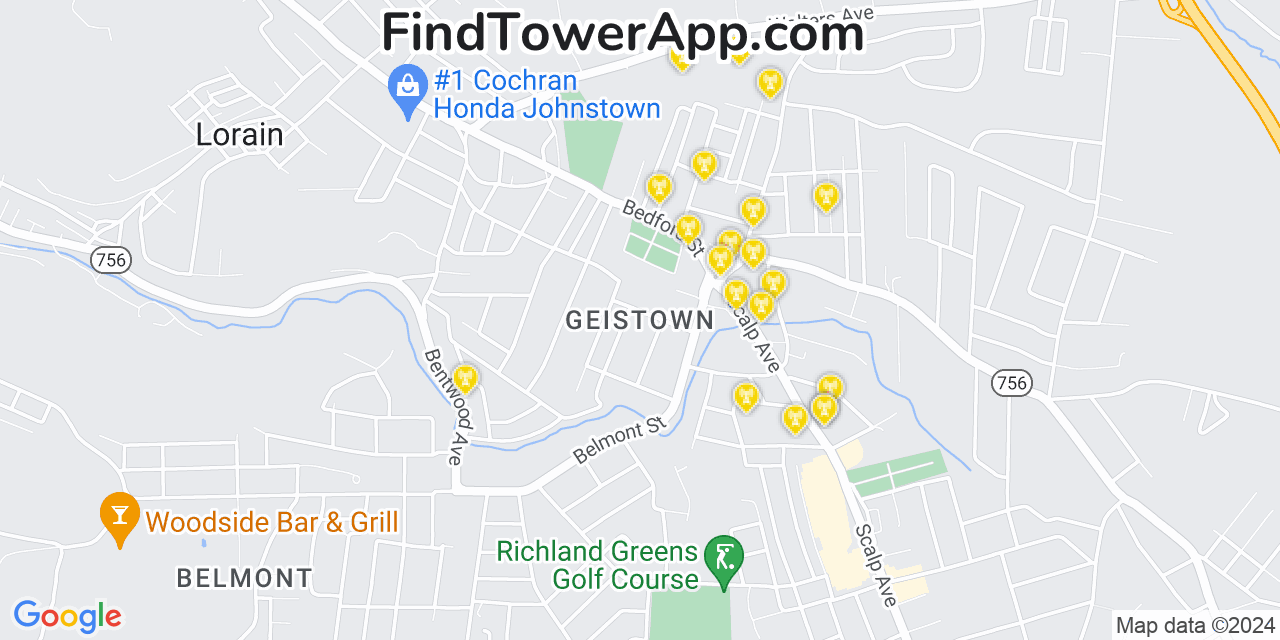AT&T 4G/5G cell tower coverage map Geistown, Pennsylvania