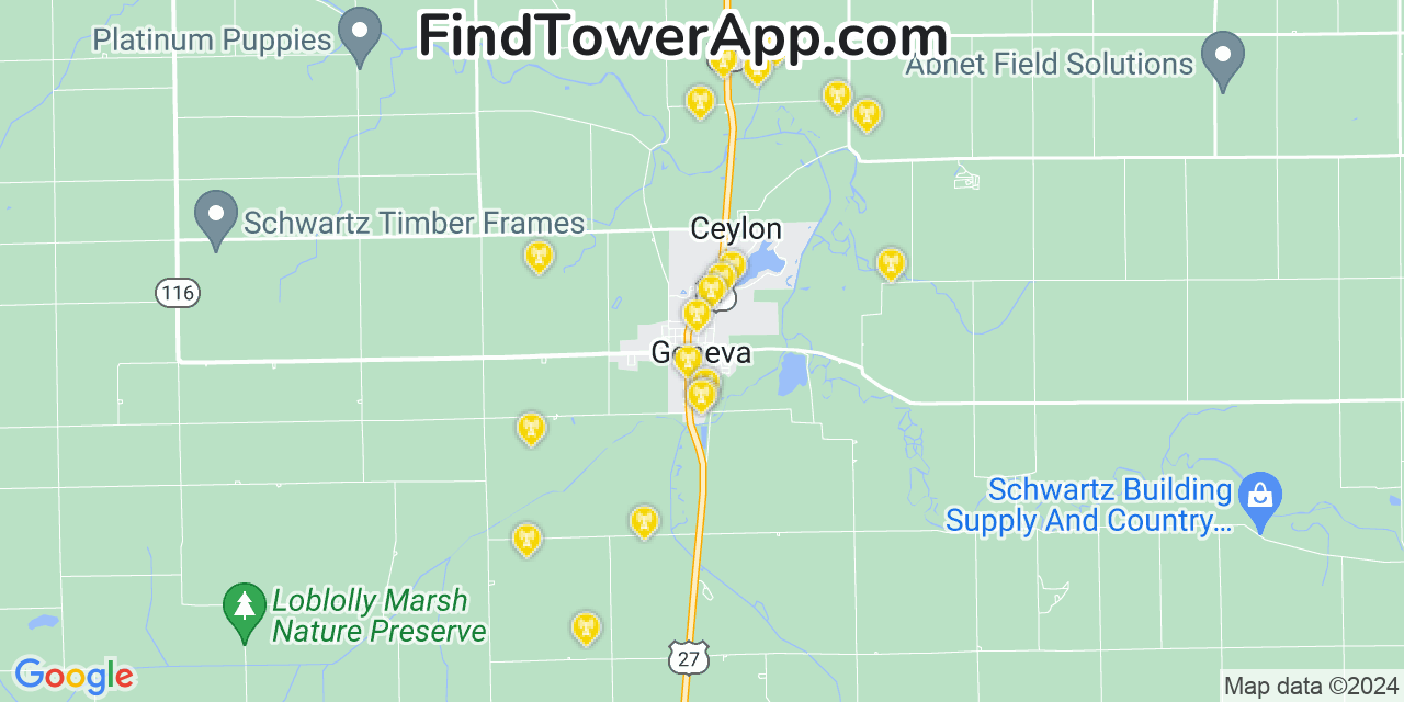 AT&T 4G/5G cell tower coverage map Geneva, Indiana