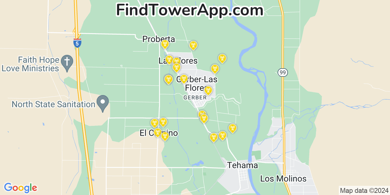 AT&T 4G/5G cell tower coverage map Gerber, California