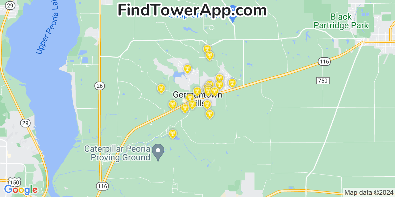 AT&T 4G/5G cell tower coverage map Germantown Hills, Illinois