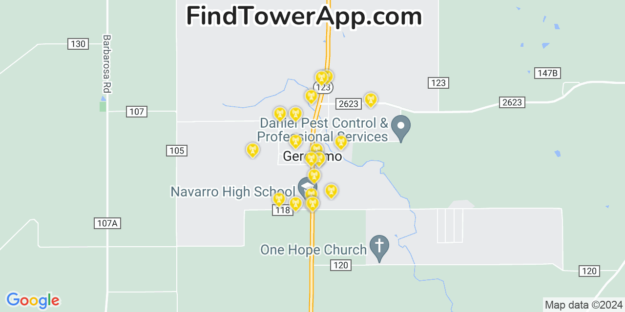 AT&T 4G/5G cell tower coverage map Geronimo, Texas