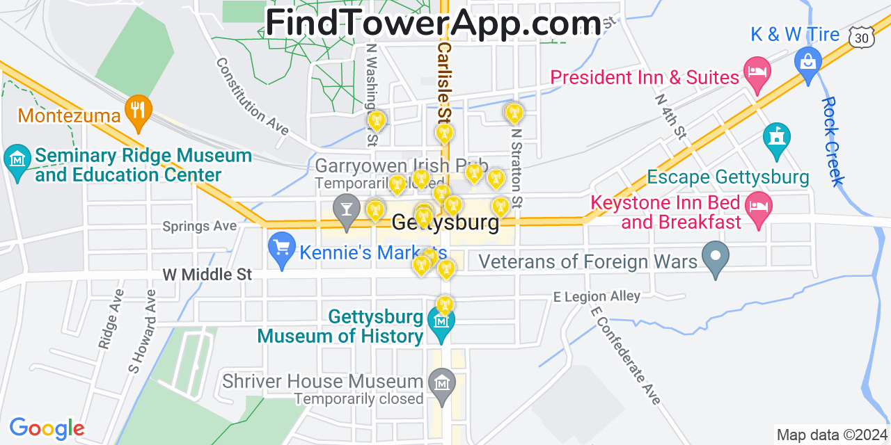 AT&T 4G/5G cell tower coverage map Gettysburg, Pennsylvania