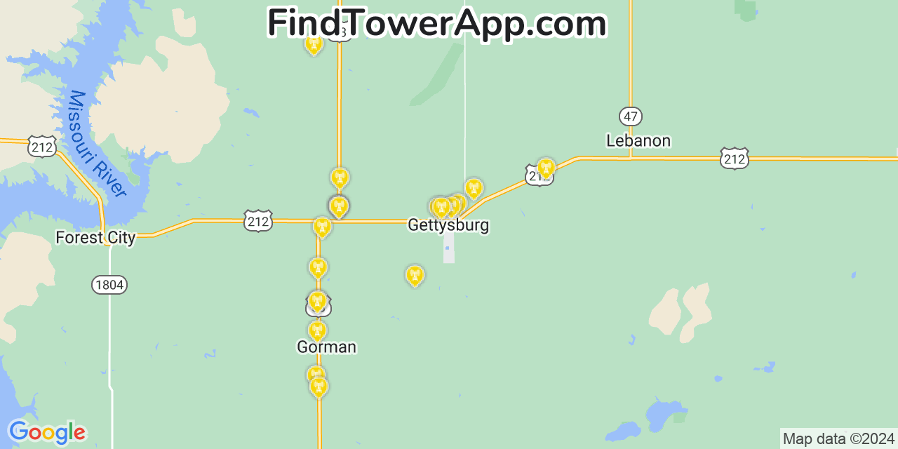 AT&T 4G/5G cell tower coverage map Gettysburg, South Dakota