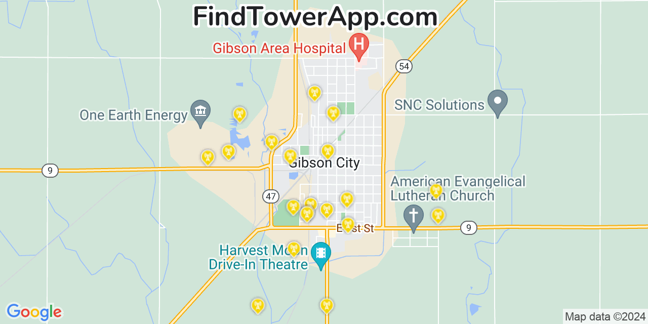 AT&T 4G/5G cell tower coverage map Gibson City, Illinois
