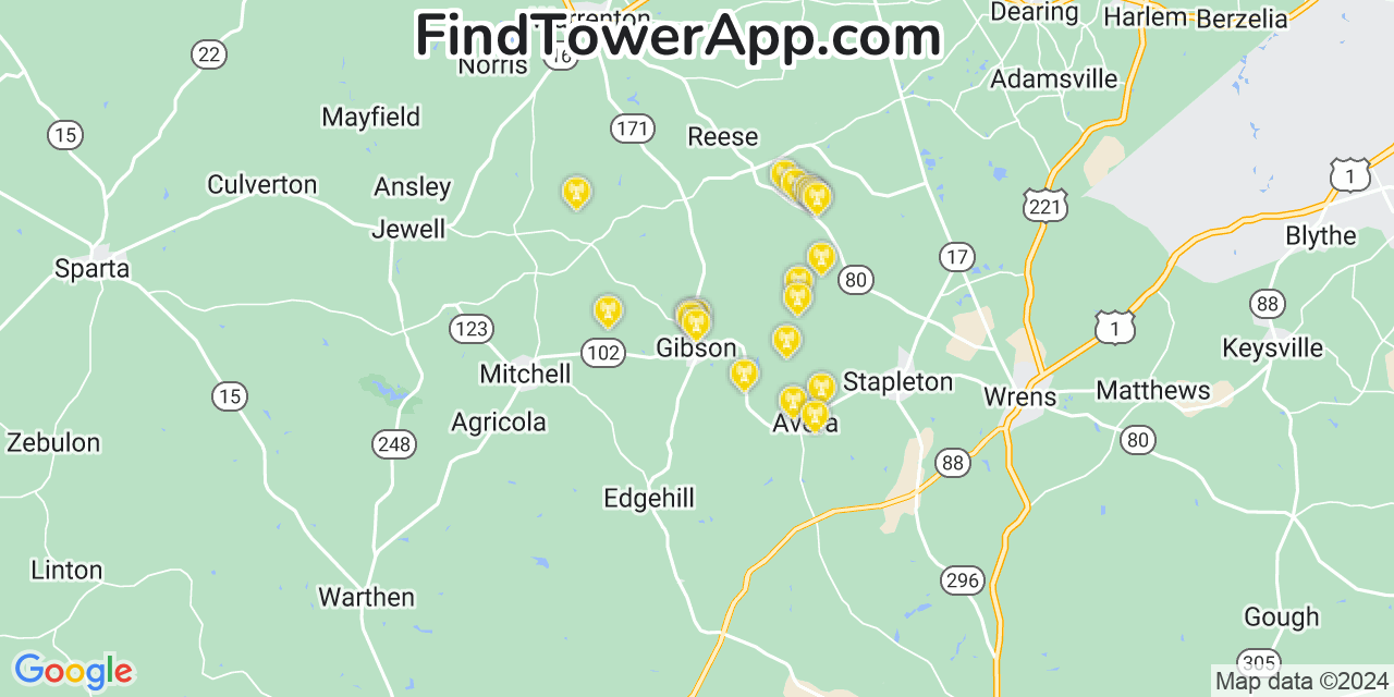 AT&T 4G/5G cell tower coverage map Gibson, Georgia