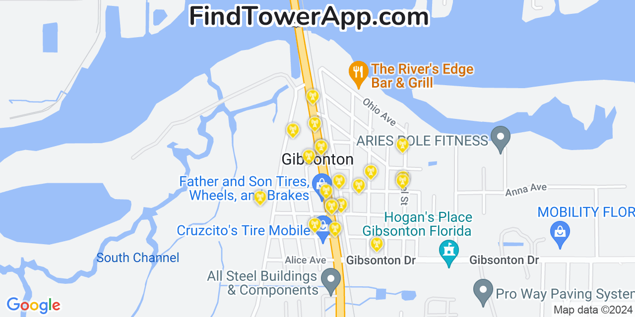 AT&T 4G/5G cell tower coverage map Gibsonton, Florida