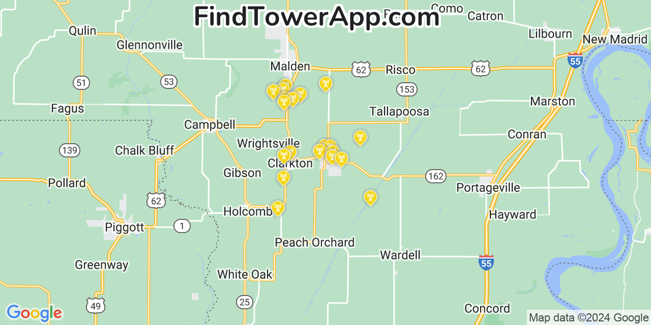 AT&T 4G/5G cell tower coverage map Gideon, Missouri