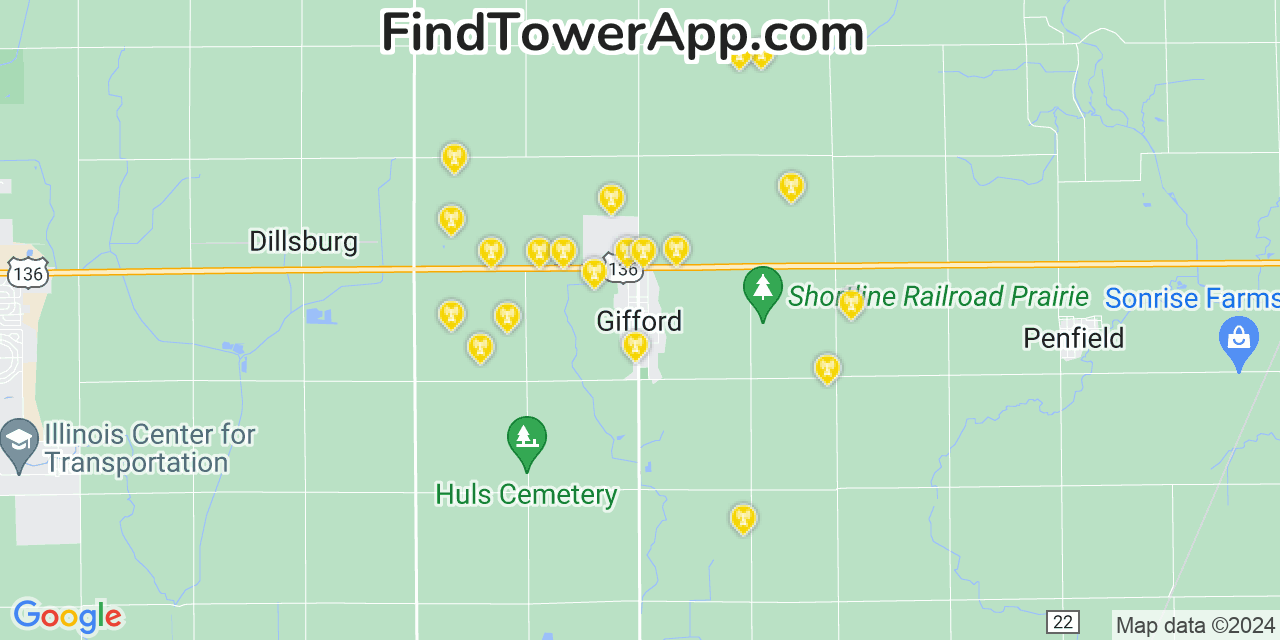 AT&T 4G/5G cell tower coverage map Gifford, Illinois