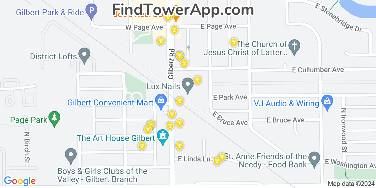 AT&T 4G/5G cell tower coverage map Gilbert, Arizona